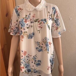 Faith and Joy White Floral Blouse with Lace Collar